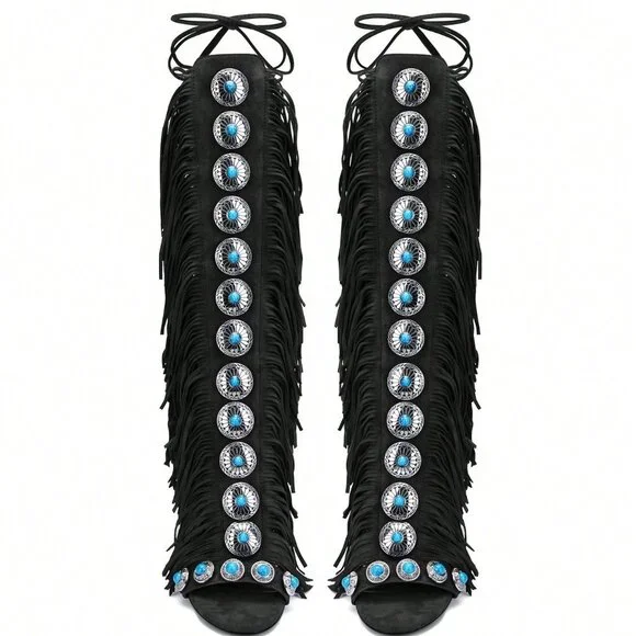 Black Bohemian Women'sGemstone Straps Fringe Detail Knee High Stiletto Boots f - Picture 5 of 10